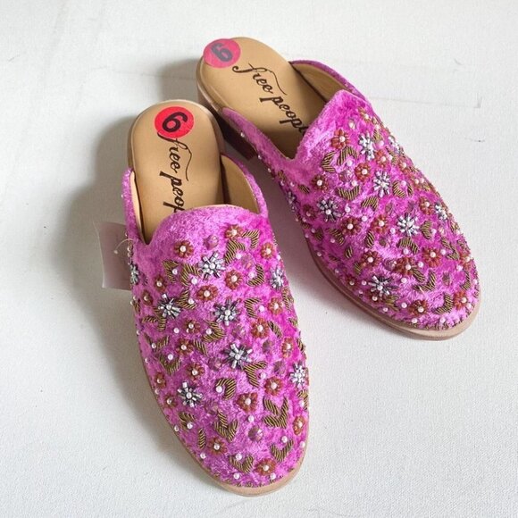 Free People Cosmic Pink Magenta Dancing Queen Velvet  Beaded Loafer Mules… - Picture 5 of 11
